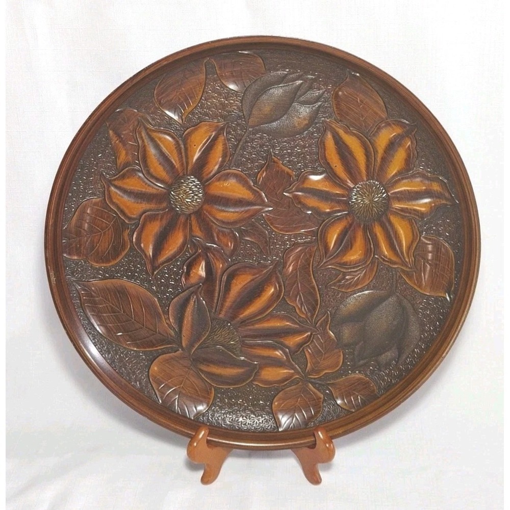 Japanese Vintage Round Platter Tray Carved Laquered Florals 13.25"